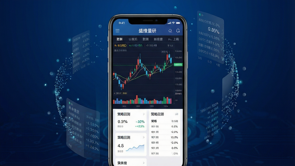 一张展示手机金融量化分析应用的场景图,画面中央是一部竖屏智能手机,屏幕上显示