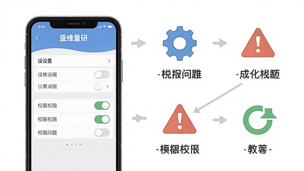 一张手机应用问题排查示意图,主体为手机屏幕显示