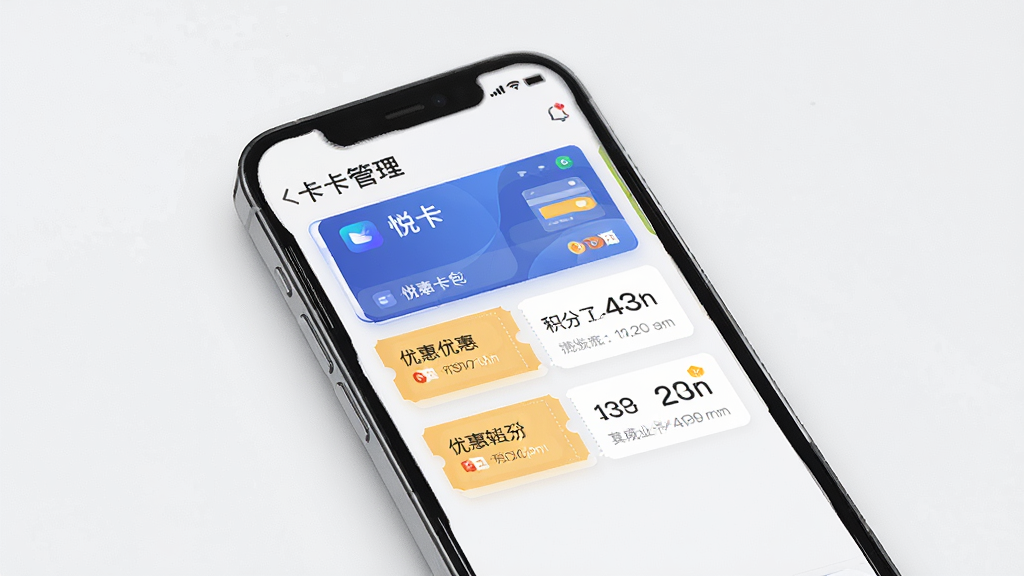 一张展示悦卡应用主界面的手机样机图,主体为手机屏幕显示悦卡APP的卡包管理界面,布局居中,排版清晰,风格为现代简约科技风,细节包括卡片列表、优惠券图标与积分数字,画质高清,干净,无多余元素