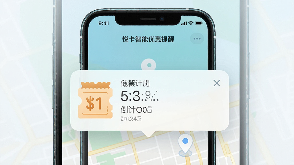一张展示悦卡智能优惠提醒功能的界面图,主体为手机屏幕弹出通知气泡,布局为手机居中,排版简洁,风格为清新浅色UI风格,细节包括优惠券图标、倒计时文字与地图定位标记,画质高清,干净,无多余元素