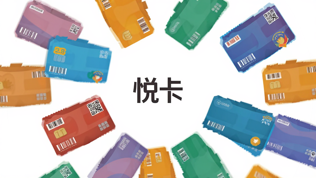 一张以悦卡为核心的一站式卡包管理概念图,主体为多个不同颜色的卡片悬浮在悦卡LOGO周围,布局呈放射状,排版对称,风格为扁平化插画风,细节包括卡片上的条形码、二维码与会员标识,画质高清,干净,无多余元素