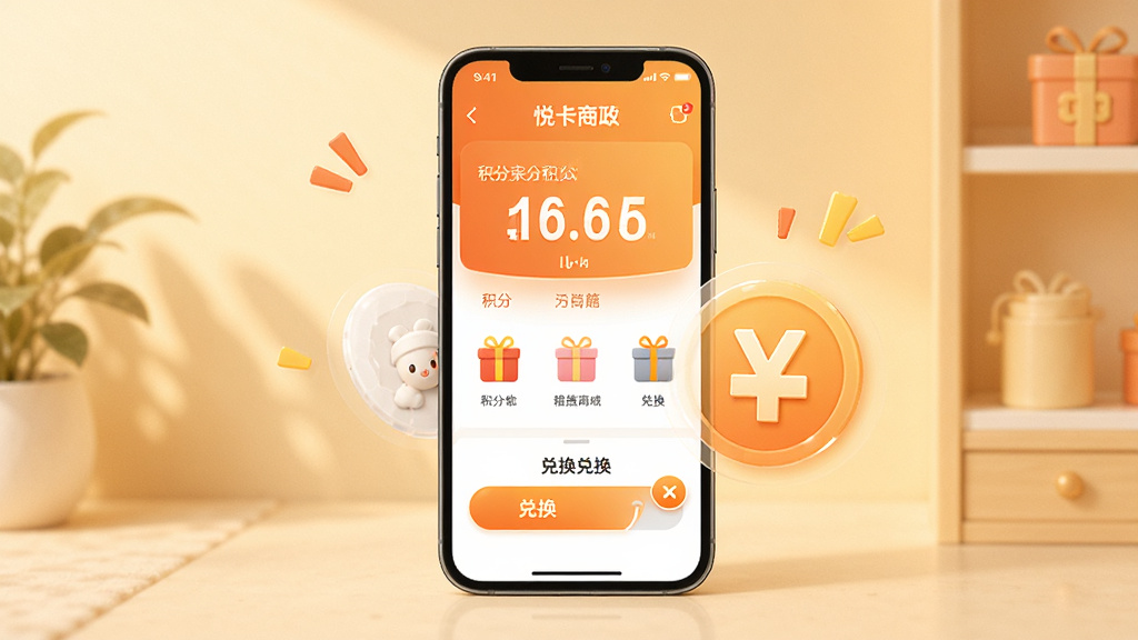 一张以悦卡积分兑换为主题的场景图,主体为手机界面展示积分商城与兑换按钮,布局为手机与积分图标组合,排版居中,风格为温暖活力风格,细节包括积分数字、礼品图标与兑换进度条,画质高清,干净,无多余元素