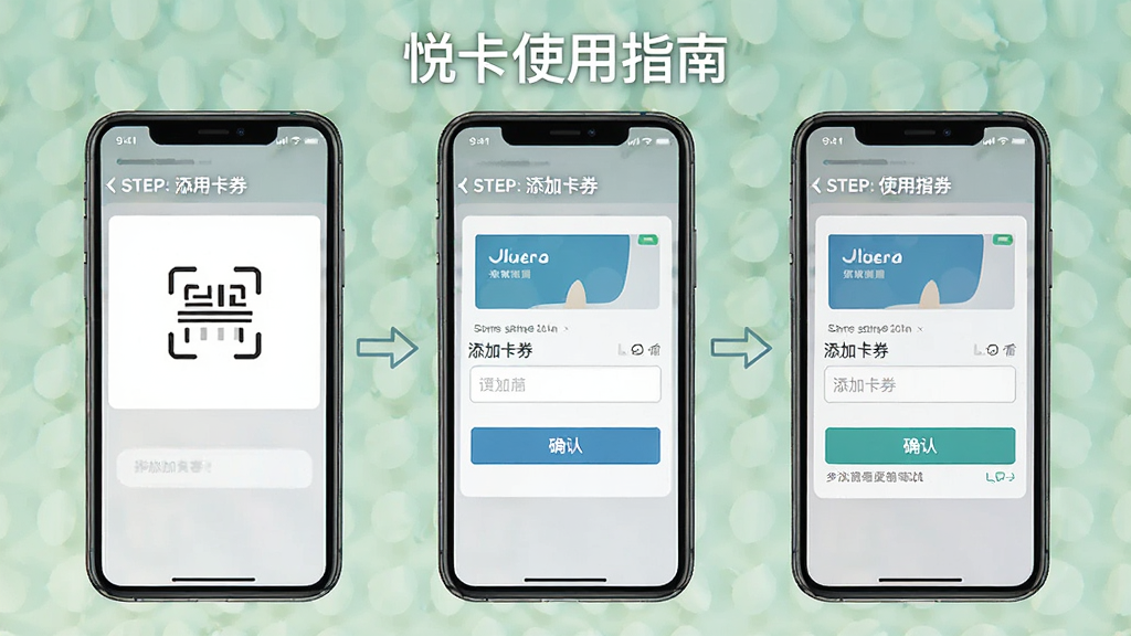 一张展示悦卡使用指南的示意图,主体为手机屏幕显示添加卡券的步骤截图,布局为三步骤横向排列,排版清晰,风格为扁平化教程风格,细节包括扫描图标、输入框与确认按钮,画质高清,干净,无多余元素