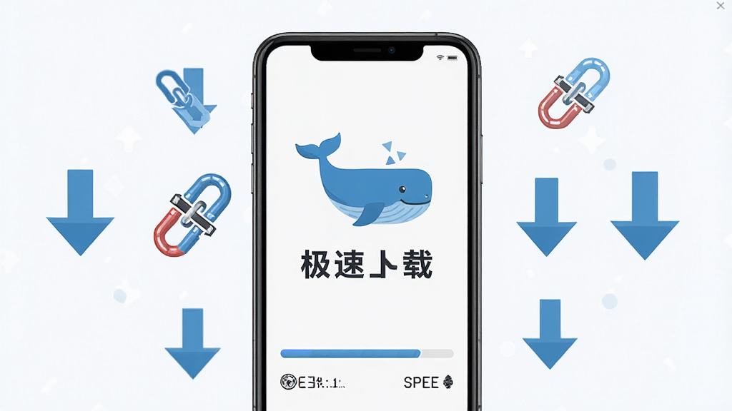 一张展示磁力鲸极速下载软件主界面的图片,画面中央是手机屏幕,屏幕内显示蓝色鲸鱼图标与极速下载字样,周围环绕着磁力链接符号和下载箭头,布局简洁居中,风格为科技扁平化,细节包含进度条和速度数值,画质清晰干净无多余元素