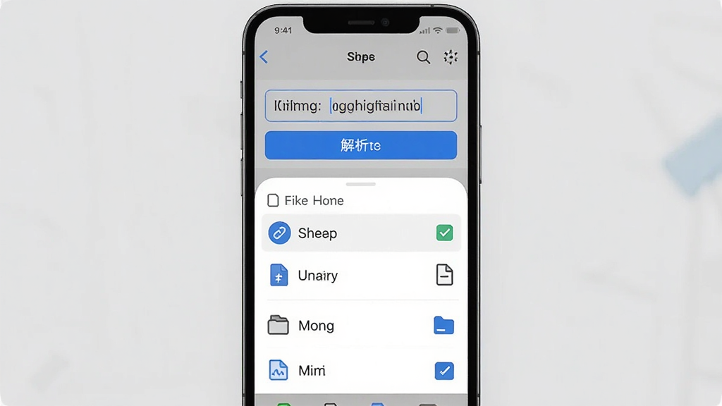 一张展示磁力链接解析过程的界面截图风格图片,画面中手机屏幕显示粘贴链接的输入框和解析按钮,下方弹出文件列表勾选框,布局为上下结构,风格为现代简约UI,细节包含链接图标和文件类型图标,画质清晰干净无多余元素