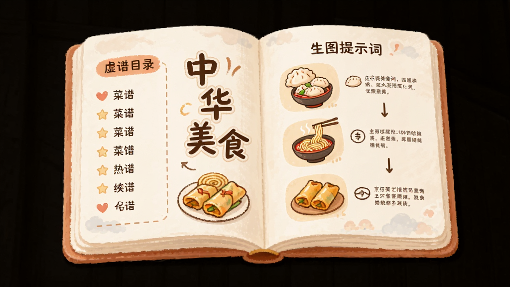 生图提示词。主体是一本打开的虚拟菜谱,页面上显示着“中华美食”四个字,旁边有饺子、面条、春卷的卡通插图。布局为左右分栏,左侧是菜谱目录,右侧是烹饪步骤示意图。排版整洁,风格为儿童插画风,细节柔和,画质清晰,干净无多余元素。