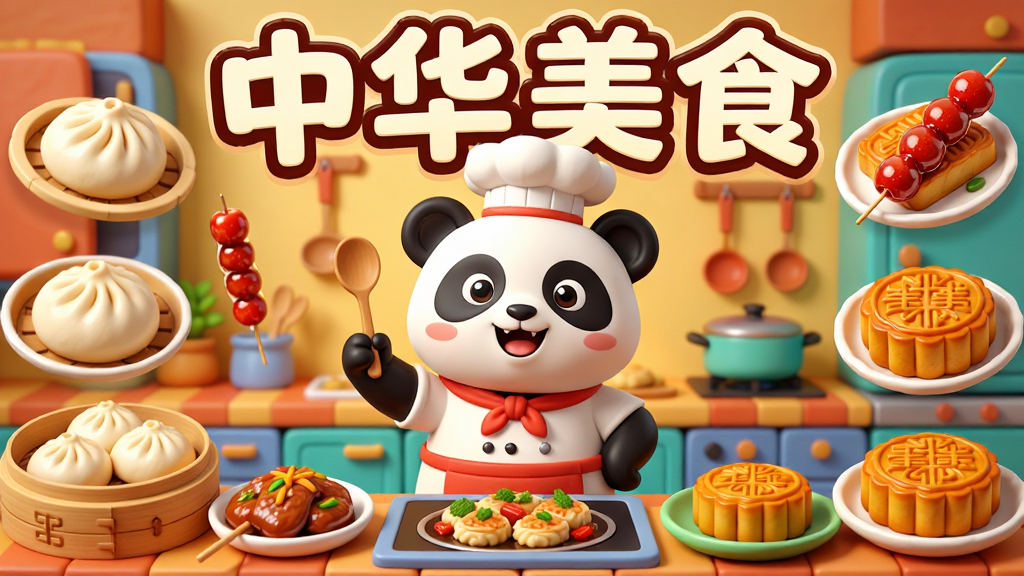 软件全貌展示图。主体是一个可爱的熊猫厨师站在摆满中华美食的厨房中央,周围环绕着饺子、包子、糖葫芦、月饼等食物。布局采用居中构图,上方用大号字体写着“中华美食”,下方是色彩鲜艳的厨房场景。排版清晰,风格为卡通3D渲染,细节丰富,画质高清,干净无多余元素。
