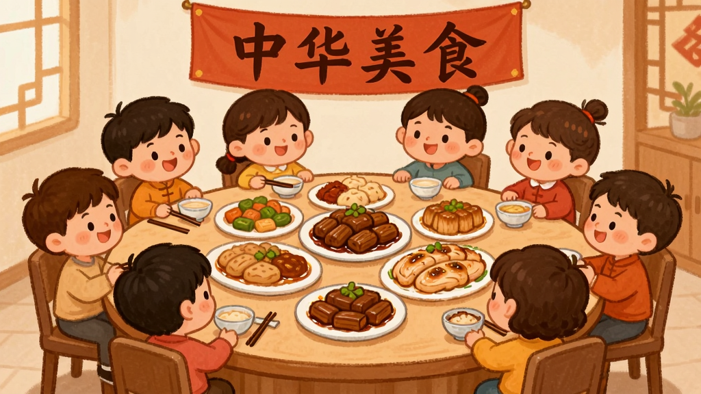 生图提示词。主体是一群卡通儿童围坐在餐桌旁,桌上摆满中华美食,背景墙上挂着“中华美食”的横幅。布局为圆形围坐构图,突出团圆氛围。排版温馨,风格为暖色调卡通手绘,细节柔和,画质清晰,干净无多余元素。