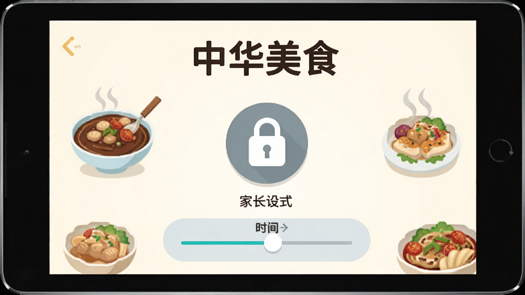 生图提示词。主体是一个平板电脑屏幕,屏幕上显示着“中华美食”的儿童模式界面,有家长锁图标和时长设置滑块。布局为居中特写,突出安全设置功能。排版简洁,风格为扁平化UI设计,细节清晰,画质干净,无多余元素。