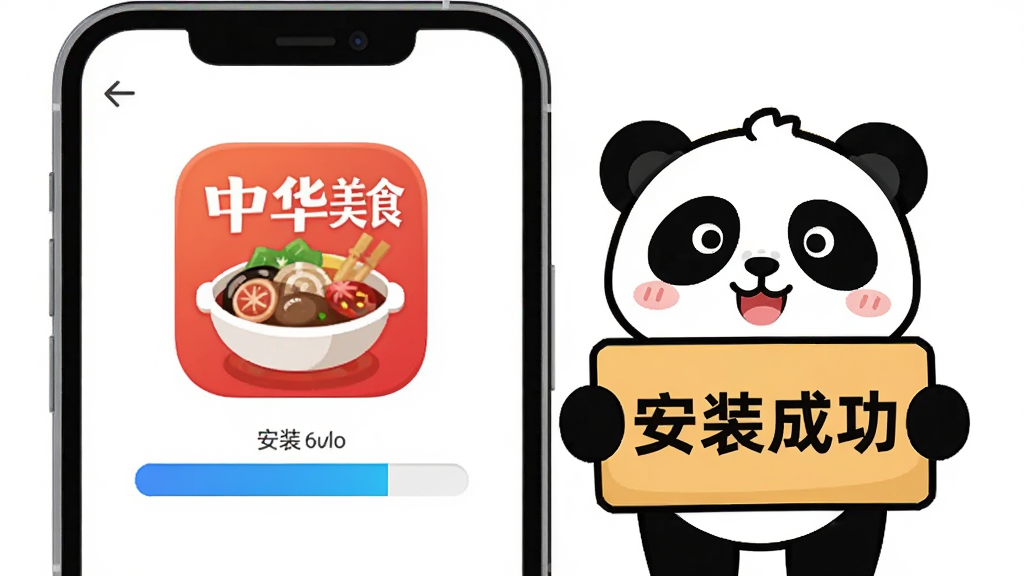 生图提示词。主体是一个手机屏幕,屏幕上显示“中华美食”的应用图标和安装进度条,旁边有一个卡通熊猫举着“安装成功”的牌子。布局为居中显示,突出安装过程。排版简洁明快,风格为扁平化科技风,细节清晰,画质干净,无多余元素。