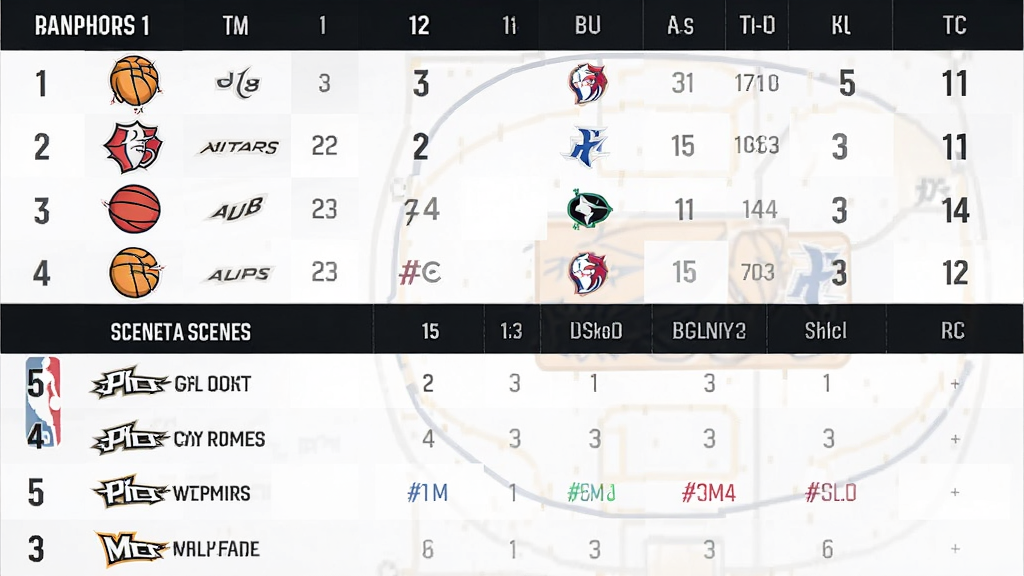 主体是NBA球队排名表和赛程日历,布局为上方排名表格下方赛程列表,排版为垂直排列,风格为简洁数据可视化,细节为球队logo清晰排名数字醒目,画质高清干净无多余元素