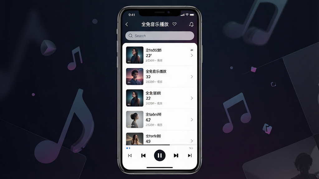 一张展示手机音乐播放器界面的图片,画面中央是一部竖屏智能手机,屏幕内显示
