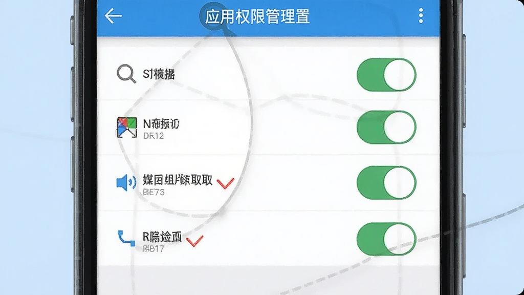 一张展示手机安装应用权限设置的图片,画面中手机屏幕显示权限管理页面,包含存储、网络、媒体读取等权限开关,背景为浅蓝色,布局采用上下排列,风格简洁明了,细节上突出权限开启的重要性,画质高清,画面干净,无多余元素