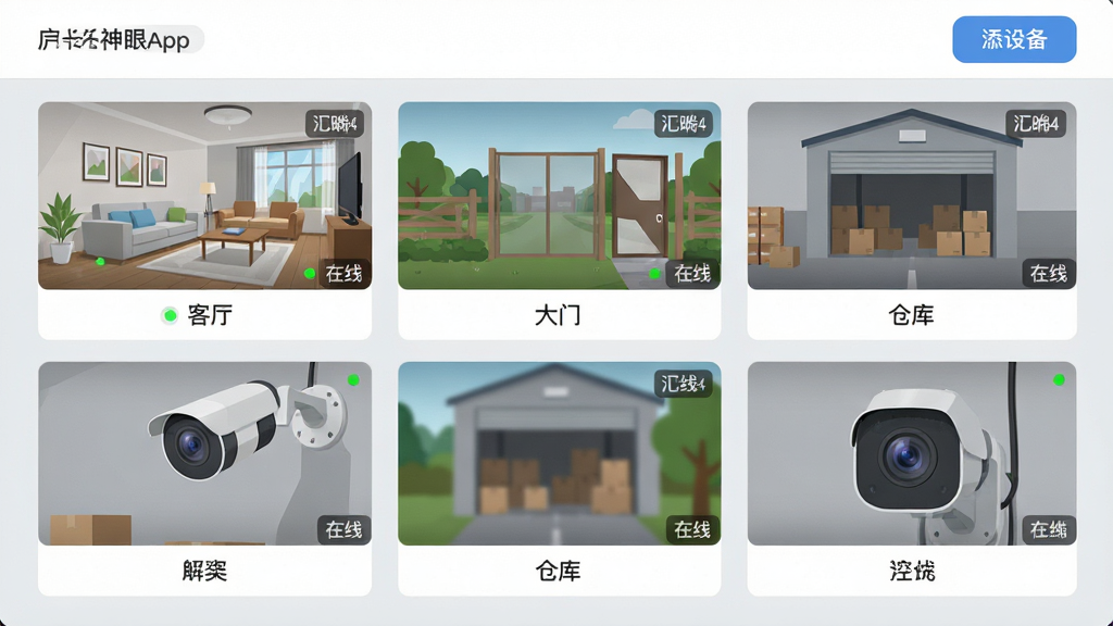 ��������չʾһ��ǧ������App���豸�������棬��������������ʽ��������̨��ͬλ�õ�����ͷ���Ի��棬ÿ̨�豸�·���ע���Զ��������硰�����������š����ֿ⡱�ȣ����涥���������豸��ť������Ϊǳ��ɫ����񣬲��־��У��Ű���������Ϊ��ƽ��UI��Ʋ廭��ϸ�ڰ����豸����״̬С�̵㡢���������ȱ�ǩ�����ʸ��壬�ɾ����޶���Ԫ�ء�