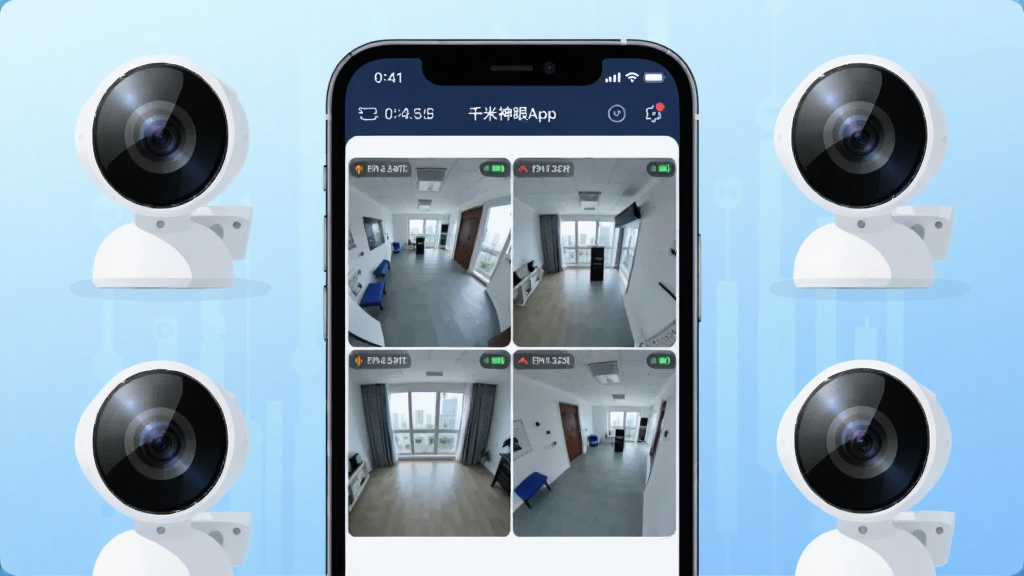 �����������һ�������ֻ����ֻ���Ļ����ʾ��ǧ������App�ļ�ػ�����棬���������ĸ��������ڷֱ�չʾ��ͬ�Ƕȵ�����ͷʵʱ���棬�ֻ���Χ�����ż���С����������ͷ�豸������Ϊǳ��ɫ����Ƽ�������岼�־��жԳƣ��Ű�ɾ����࣬���Ϊ�ִ��Ƽ��б�ƽ���廭��ϸ�ڰ�������ͷ��ͷ���⡢�ֻ������ϵ�ʱ�����״̬ͼ�꣬���ʸ��壬�ɾ����޶���Ԫ�ء�
