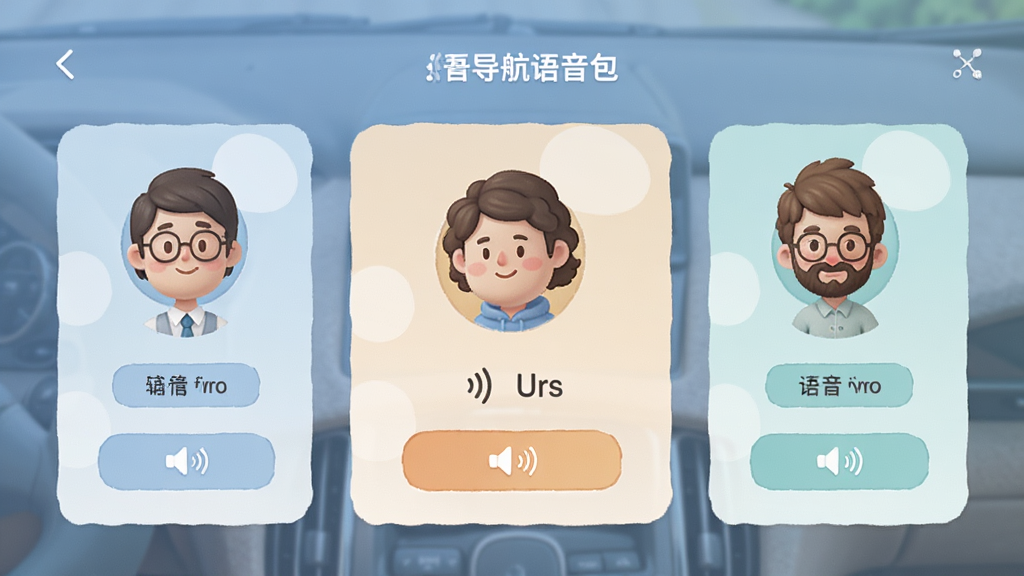 手机语音导航语音包选择页面,展示多个语音角色头像与试听按钮,界面采用卡片式布局,配色柔和,风格亲切,排版有序,画质高清