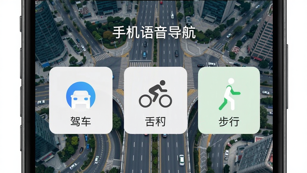 手机屏幕显示“手机语音导航”三种出行模式选择界面,驾车、骑行、步行图标并排排列,背景为城市道路俯瞰图,排版清晰,风格现代简约,色彩明快,画质细腻