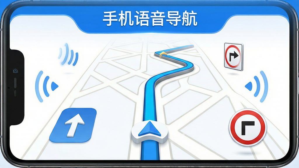 手机语音导航软件主界面展示,中央为一条清晰的3D导航路线图,周围环绕语音波纹图标、转向箭头、限速标志等元素,顶部显示软件名称“手机语音导航”,整体采用蓝白科技风格,布局简洁,排版居中,画面干净无多余装饰,高清画质