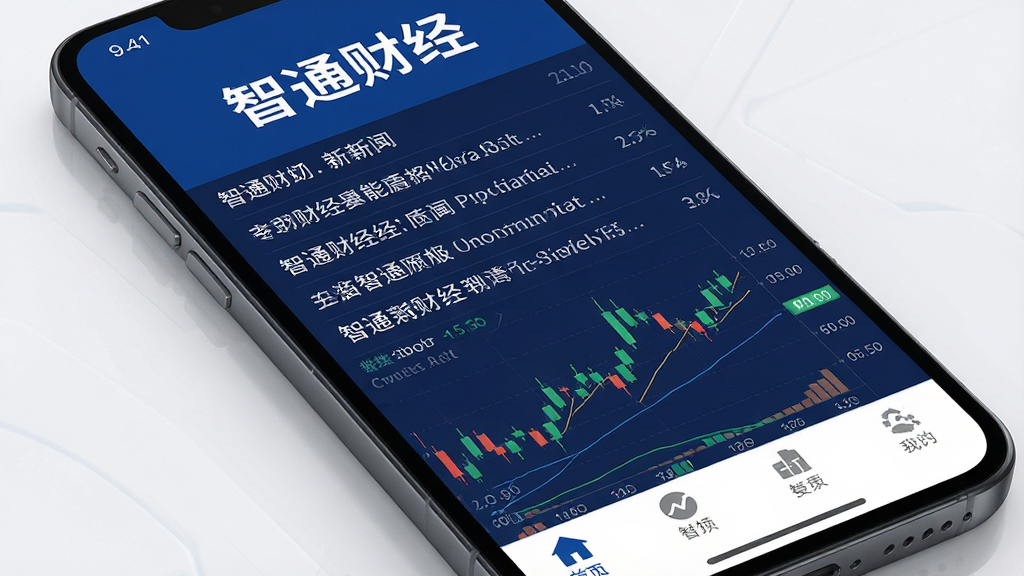 手机屏幕展示智通财经APP界面,深蓝色背景,上方有“智通财经”白色标题文字,中间是滚动财经新闻列表和股票K线图,下方有导航栏图标,整体布局清晰,现代科技风格,细节精致,高清画质,干净无多余元素
