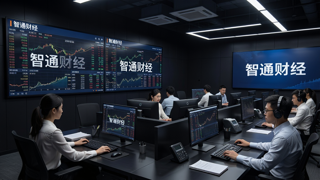 财经新闻编辑室场景,多个大屏幕显示股票行情和“智通财经”字样,编辑人员正在电脑前忙碌,深色科技感装修风格,布局紧凑有序,细节丰富,画质清晰,干净无多余元素