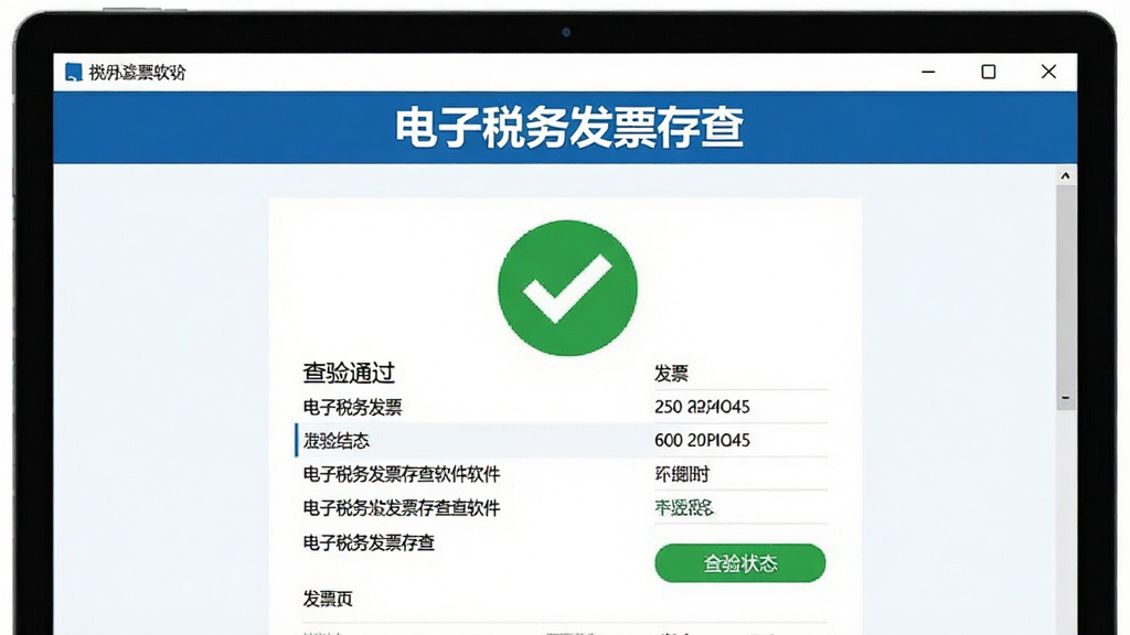主体为电子税务发票存查软件的发票查验结果页面,屏幕中央显示绿色的查验通过标识与发票详细信息;布局为居中聚焦,上方为软件标题栏;排版清晰,信息层级分明;风格为专业税务工具风,配色以蓝白绿为主;细节上突出“电子税务发票存查”软件名称与查验状态文字;画质干净,无多余装饰元素。
