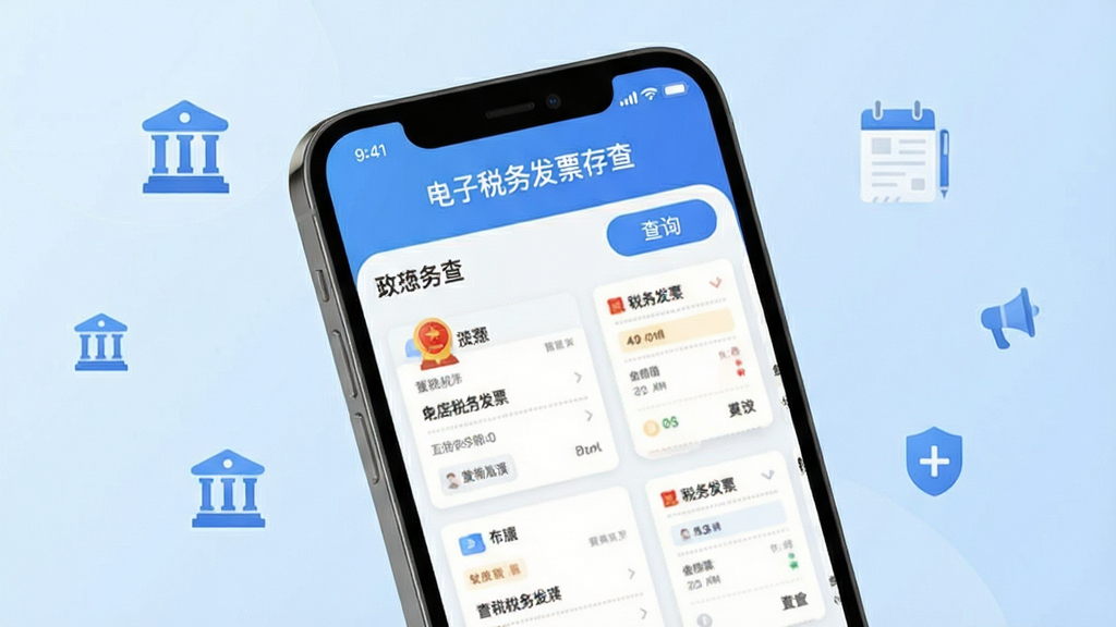 主体为一部智能手机,屏幕上显示电子税务发票存查软件的主界面,界面中包含发票列表与查询按钮;布局为居中构图,手机微微倾斜展示屏幕内容;排版简洁,背景为浅蓝色渐变,点缀少量税务相关图标元素;风格为现代扁平化科技风,色调清爽;细节上突出软件名称“电子税务发票存查”字样与发票卡片图标;画质清晰干净,无多余元素,适合作为软件介绍头图。