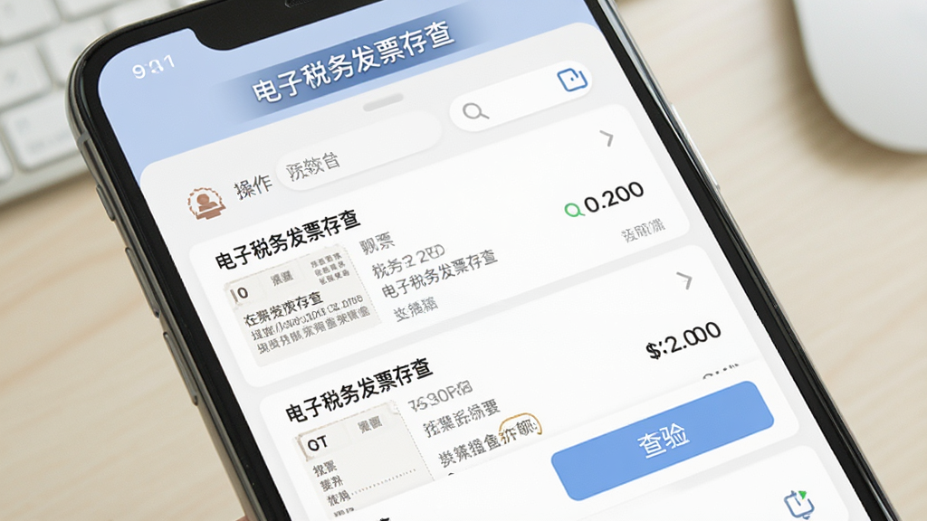 主体为电子税务发票存查软件在手机上的运行界面,展示发票列表与查验按钮;布局为手机正面特写,屏幕内容清晰;排版简洁,背景为浅色办公桌面;风格为实用工具风,色调柔和;细节上包含“电子税务发票存查”软件名称与操作提示文字;画质干净,无多余元素。