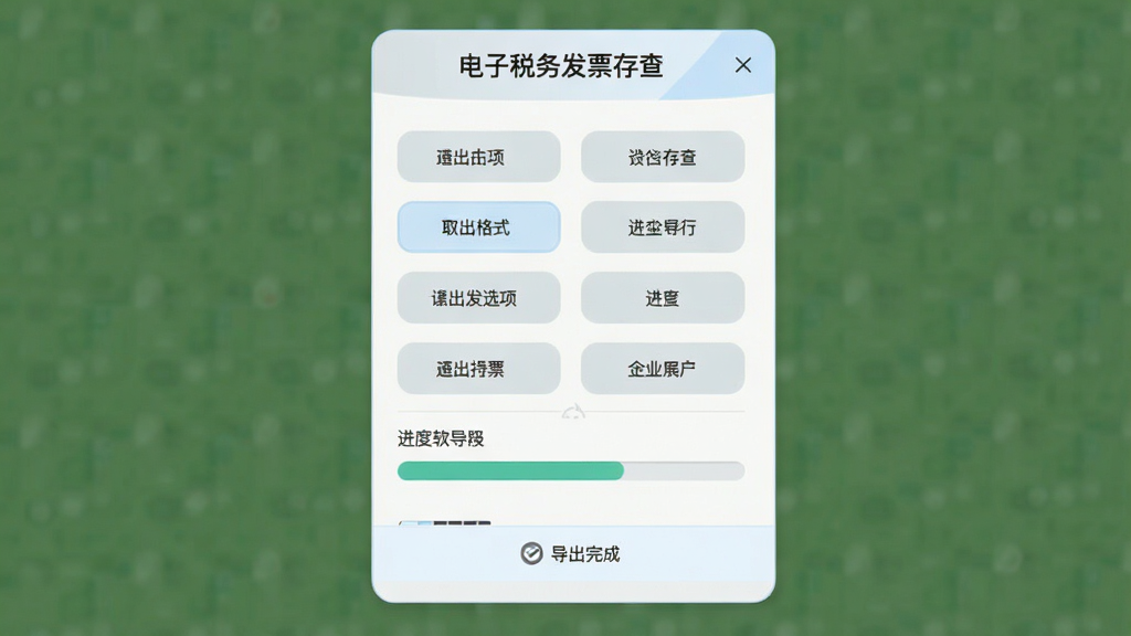 主体为电子税务发票存查软件的数据导出界面,展示导出格式选项与进度条;布局为纵向排列,选项按钮整齐分布;排版简洁,采用圆角卡片设计;风格为清新浅色系,以浅灰和淡蓝为主;细节上包含“电子税务发票存查”软件名称与导出完成提示;画质清晰干净,无多余元素。