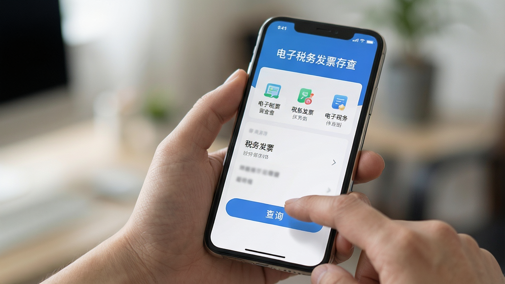 主体为一只手握持手机,屏幕上显示电子税务发票存查软件的操作界面,手指正在点击查询按钮;布局为手部特写与手机屏幕结合;排版自然,背景虚化;风格为生活化科技风,光线柔和;细节上屏幕内清晰可见“电子税务发票存查”软件名称与功能图标;画质干净,无多余元素。