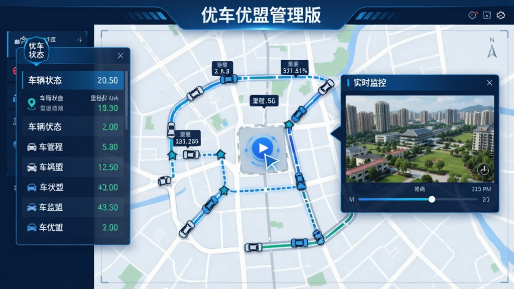 画面中央展示一张城市地图,地图上分布多个车辆图标与行驶轨迹线,左侧悬浮面板显示车辆状态列表,右侧弹出实时监控窗口,界面风格为科技蓝调,细节包括定位光标、里程数据标签、时间轴控件,整体布局清晰,画质干净,无多余装饰,突出“优车优盟管理版”文字标识