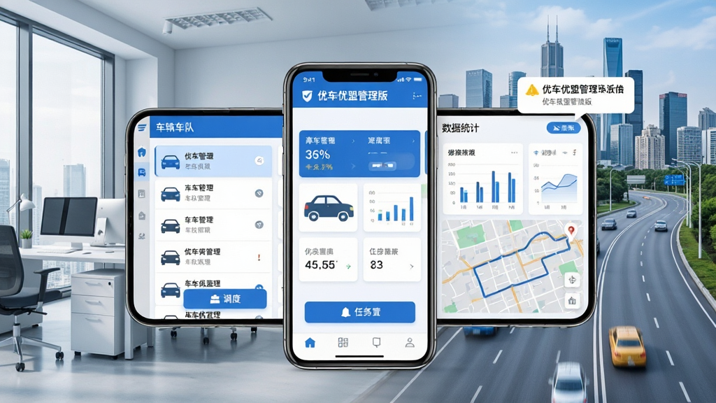 整体画面以汽车服务管理为主题,中央放置一部智能手机,屏幕显示“优车优盟管理版”的车辆管理仪表盘界面,左侧展示车队列表与调度按钮,右侧呈现数据统计图表与地图轨迹,背景为现代办公环境与城市道路融合的场景,采用扁平化商务风格,色调以蓝色和白色为主,细节包含车辆图标、数据卡片、任务提醒气泡,画质清晰干净,无多余元素,整体布局均衡有序