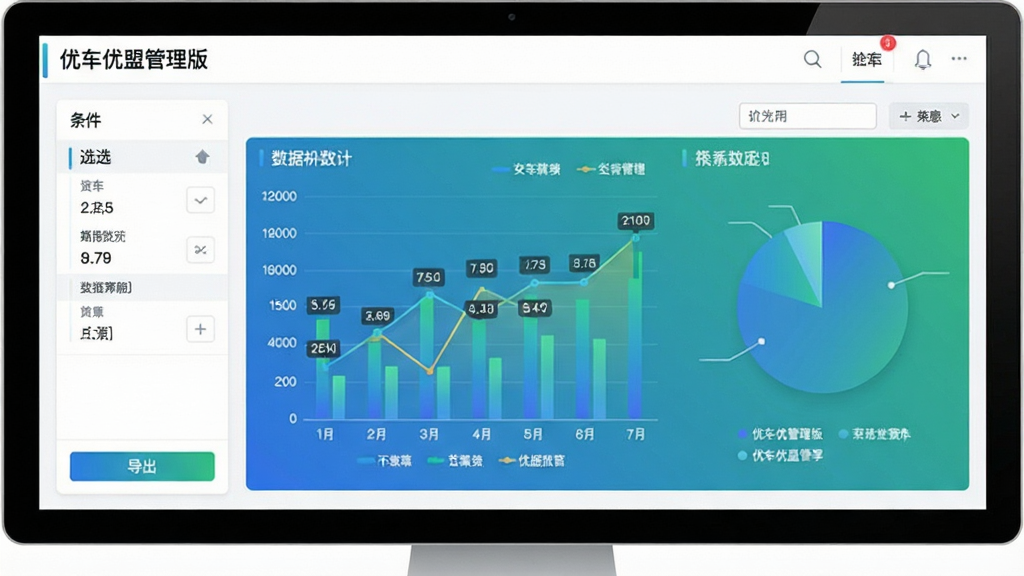 画面展示一个数据分析仪表盘,包含柱状图、折线图与饼图,图表颜色以蓝绿渐变为主,背景为白色卡片式布局,左侧为筛选条件栏,右侧为数据展示区,细节包含数字标签、图例说明、导出按钮,整体风格商务简约,画质清晰干净,无多余元素,顶部标注“优车优盟管理版”