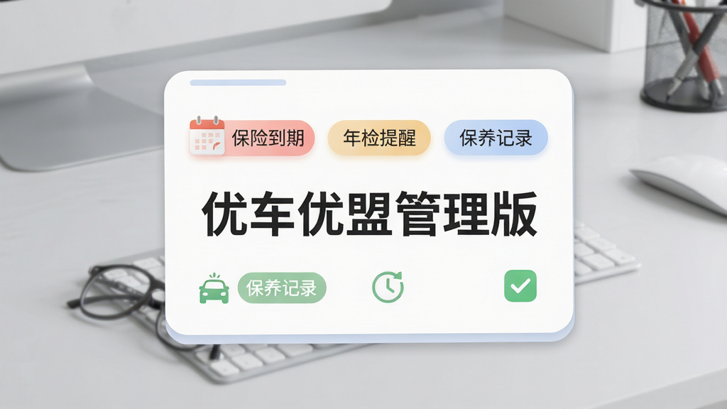 画面以车辆档案卡片为主体,卡片上标注“保险到期”“年检提醒”“保养记录”等标签,背景为浅灰色办公桌面,卡片采用圆角设计,颜色柔和,细节包含日历图标、时钟图标、勾选状态,整体风格清新简洁,画质干净,无多余元素,画面中央带有“优车优盟管理版”字样