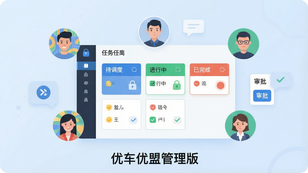 画面以团队协作场景为主题,中央显示多个用户头像围绕一个任务看板,看板上列有“待调度”“进行中”“已完成”等任务卡片,背景为浅蓝色渐变,细节包含权限图标、消息气泡、审批勾选标记,整体风格现代扁平,画质干净,无多余元素,画面底部带有“优车优盟管理版”文字