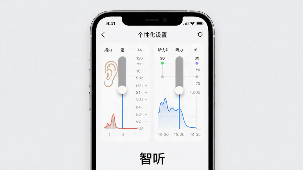 画面中央为手机屏幕展示智听的个性化设置页面,左右耳调节滑块与听力曲线图清晰可见,背景为浅灰色极简风格,布局为居中排版,细节包括频段刻度与数值标签,画质为高清4K,干净无多余元素,图片底部有文字