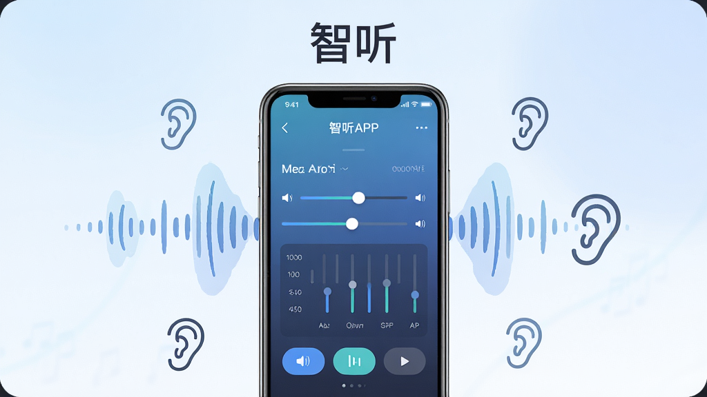 画面中央是一部现代智能手机,屏幕显示智听APP的音频调节界面,周围环绕着声波纹理与耳朵轮廓的简约图标,背景为柔和的蓝白渐变色调,布局采用居中对称排版,风格为扁平化科技感,细节包括界面上的音量滑块与频段调节按钮,画质为高清4K,干净无多余元素,图片上方有文字