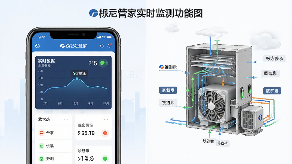 一张展示格力管家实时监测功能的信息图,画面采用分屏布局,左侧是手机屏幕显示格力管家APP的实时数据面板,右侧是中央空调系统的结构示意图,风格信息可视化,细节包括温度曲线、状态指示灯、数据标签,画质清晰干净,无多余元素