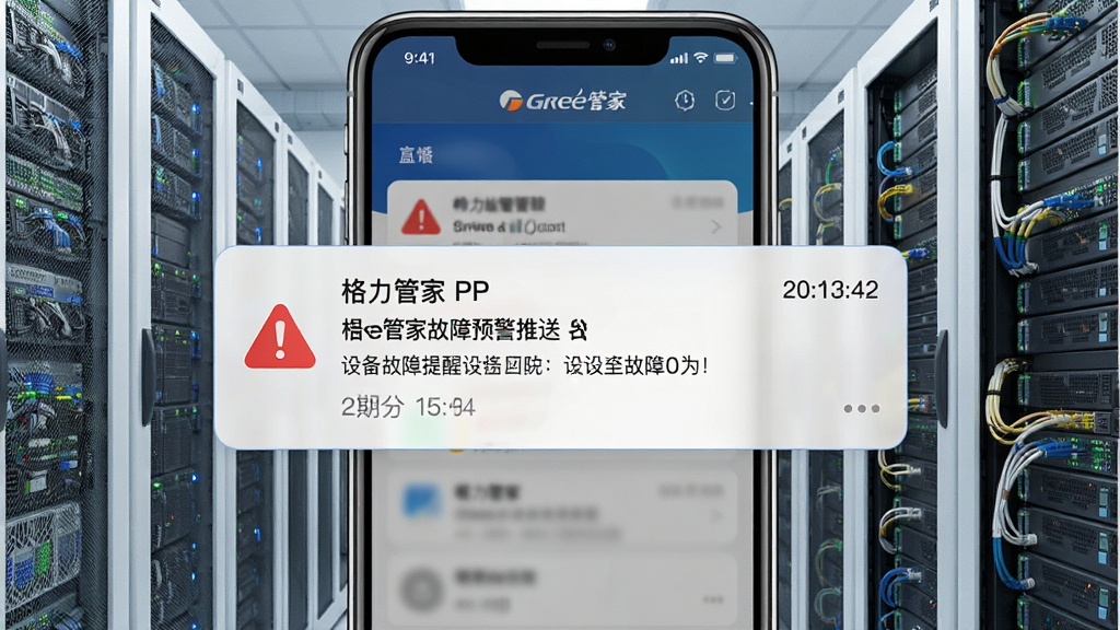 一张展示格力管家故障预警推送功能的插图,画面中央是一部手机弹出格力管家APP的通知横幅,通知内容显示设备故障提醒,背景是商用机房的设备机柜,风格简洁明快,细节包括警告图标、通知卡片、时间戳,画质清晰干净,无多余元素