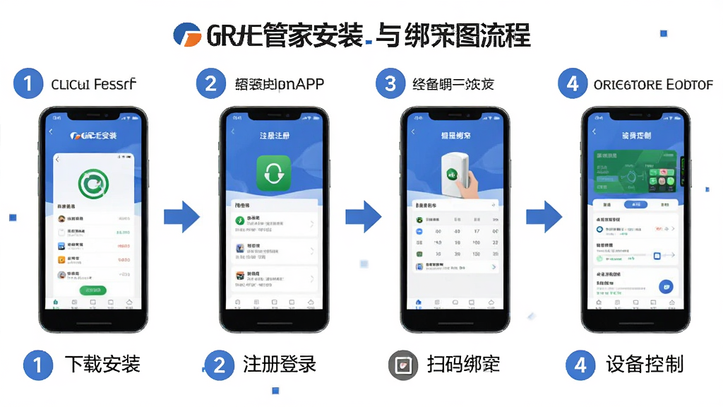 一张展示格力管家APP安装与绑定流程的步骤图,画面采用横向流程图布局,从左到右依次展示下载安装、注册登录、扫码绑定、设备控制四个步骤,每个步骤配有手机界面缩略图和简要文字说明,风格扁平化信息图,细节包括箭头指引、图标、步骤编号,画质清晰干净,无多余元素