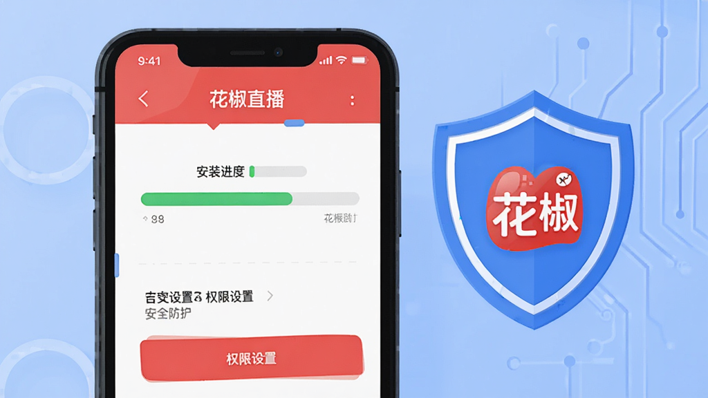 画面展示一部手机屏幕中显示花椒直播的安装进度条与权限设置界面,旁边有盾牌图标代表安全防护,布局简洁明了,风格为扁平化科技插画,细节清晰,画质高清,干净无多余元素,画面中带有