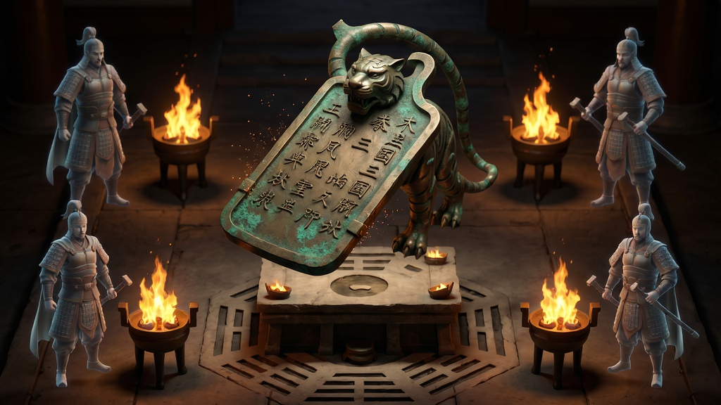 画面主体为一只巨大的青铜虎符悬浮在祭坛上方,虎符表面刻有三国文字,布局采用对称式构图,祭坛位于画面中央,四周有四个火盆燃烧,每个火盆旁站着一位不同阵营的武将虚影,排版上火盆和武将呈正方形排列,风格为玄幻国风,细节包括虎符上的铜绿锈迹、火焰的粒子效果、武将虚影的半透明质感、祭坛地面的八卦阵纹路,画质高清,干净,无多余元素
