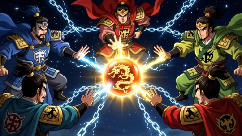 画面主体为五位身披不同颜色战袍的武将围成一圈,每人手掌向前推出能量光束汇聚在圆心形成一颗龙珠,布局采用环形构图,五位武将等距分布在圆周上,圆心龙珠发出耀眼光芒,排版上每两位武将之间有闪电链连接,风格为热血动漫国风,细节包括武将战袍上的各自军团徽章、龙珠内部的龙形虚影、闪电链的电弧效果、背景的星空,画质高清,干净,无多余元素