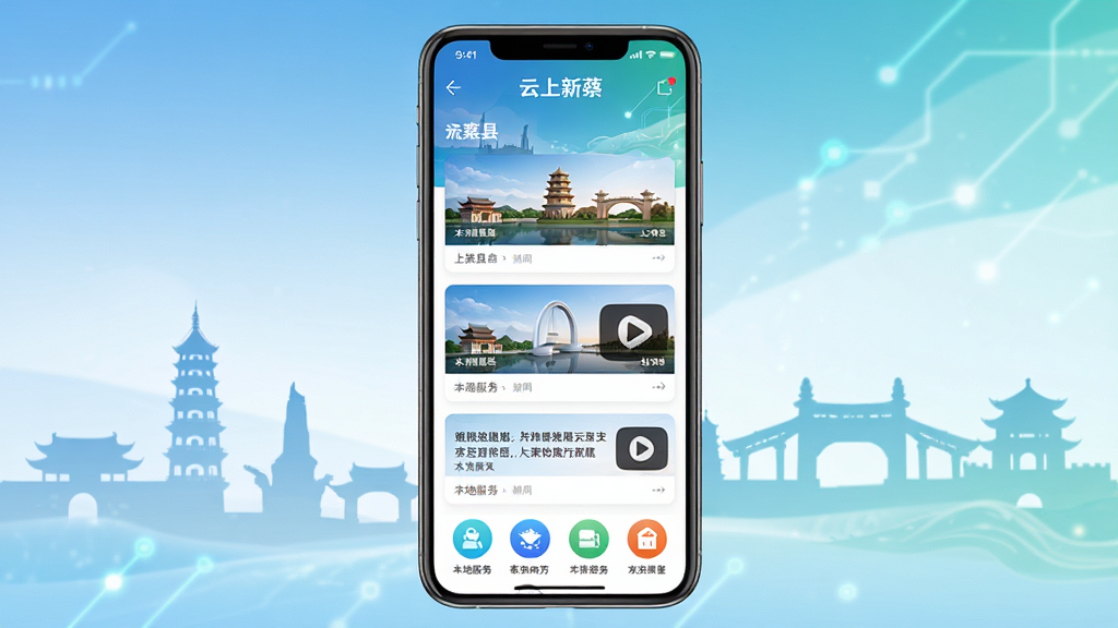 整体画面以“云上新蔡”手机APP界面为视觉主体,布局为手机屏幕居中展示,屏幕内呈现新闻资讯列表与本地服务图标,排版清晰有序,风格为现代科技感与地方文化融合,细节包含上蔡县地标建筑剪影、新闻卡片、视频播放按钮,画质高清,干净,无多余元素