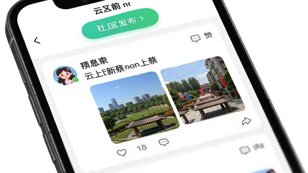 手机屏幕呈现“云上新蔡”社区互动页面,布局为顶部发布按钮,中部信息流卡片带有点赞评论图标,排版活泼,风格为社交社区类界面,细节包含用户头像、文字动态、图片缩略图,画质高清,干净,无多余元素