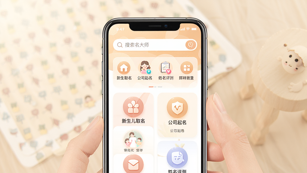 一张展示起名取名大师软件界面的预览图,画面中央是手机屏幕,屏幕内显示起名取名大师APP的首页,上方有搜索框和功能入口,下方排列着新生儿取名、公司起名、姓名评测等图标,整体布局清晰,采用温馨的浅色调风格,细节精致,画质干净清晰,无多余元素,适合软件下载站展示