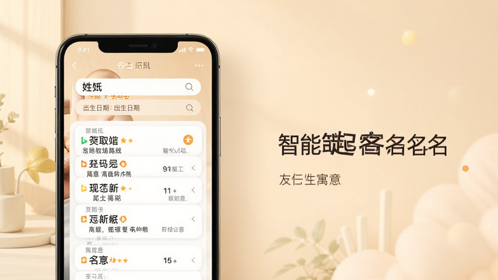 一张展示起名取名大师智能起名功能的预览图,画面主体为手机屏幕,屏幕内显示输入姓氏和出生日期后生成的多个名字列表,每个名字旁边带有评分和寓意说明,背景采用柔和的暖色调,排版整齐,风格简洁现代,画质清晰干净,无多余元素