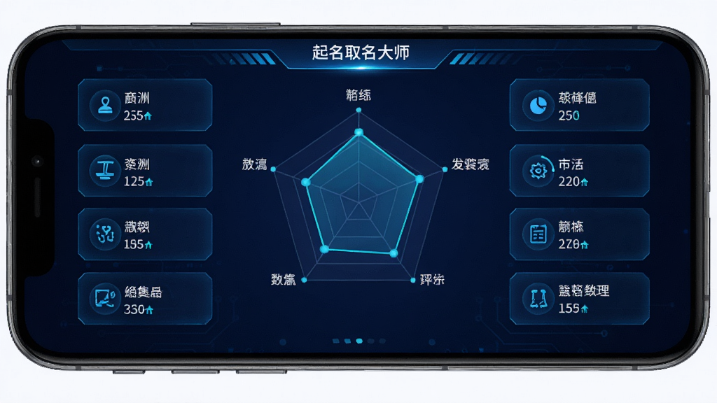 一张展示起名取名大师姓名评测功能的预览图,画面中心是手机屏幕,屏幕内显示姓名评分雷达图和各项指标得分,界面采用蓝色科技感风格,布局对称,细节丰富,画质清晰无杂质