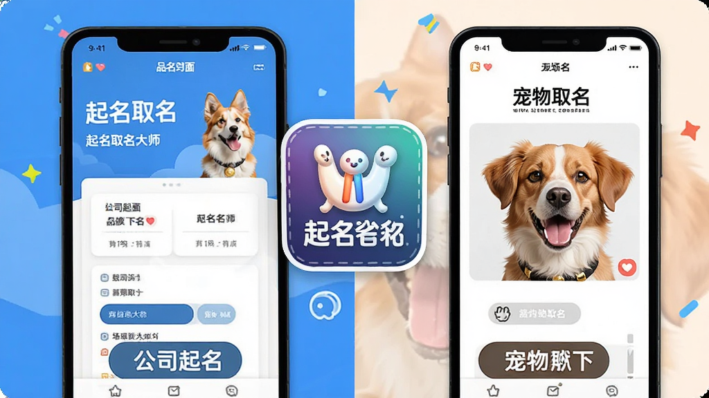 一张展示起名取名大师多场景命名功能的预览图,画面采用分屏布局,左侧显示公司起名界面,右侧显示宠物取名界面,中间有起名取名大师软件标志,风格活泼明快,细节清晰,画质干净整洁