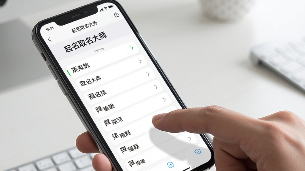一张展示起名取名大师在手机上运行的预览图,画面为手机屏幕特写,屏幕内显示起名取名大师的名字列表页面,旁边有手指点击操作,背景为简洁的桌面环境,风格写实,细节清晰,画质干净,无多余元素