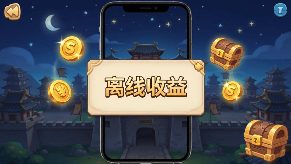 一款手机游戏界面截图风格,画面展示离线收益领取弹窗,背景是三国城池夜景,有金币和宝箱图标漂浮,中央写有“离线收益”字样,布局为竖版手机屏幕,风格为Q版卡通,细节包括金币光泽、宝箱纹理、夜空星辰,画质干净清晰,无多余元素